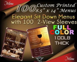 100 CUSTOM PRINT SIT DOWN MENU 8.5" X 14" FULL COLOR 2 SIDED W/ ELEGANT SLEEVE - Picture 1 of 2