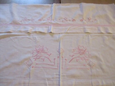 Retour de drap N°77 en coton broderie rose fleurs jour Lot de 2 - Photo 1/4
