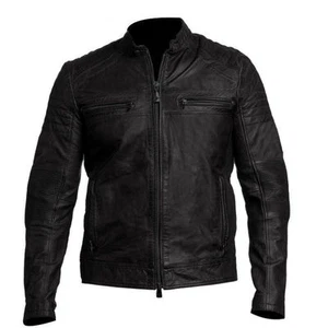 Men's Biker Vintage Motorcycle Black Real Sheepskin Leather Jacket - Picture 1 of 5
