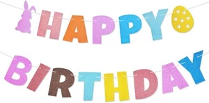 Spring Easter Happy Birthday Banner - Pastel Colored Hanging Paper Day - Picture 1 of 7