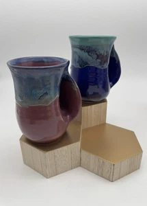 2 Neher Pottery Hand Warmer Mugs 2011 Blue And Plum Glaze Signed - Picture 1 of 6