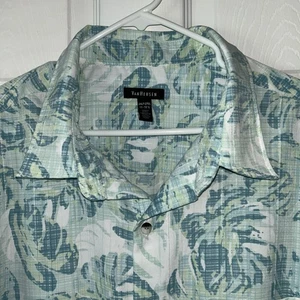 Camicia da spiaggia hawaiana Van Heusen blu verde 2XLT foglie di palma e alberi - Foto 1 di 9