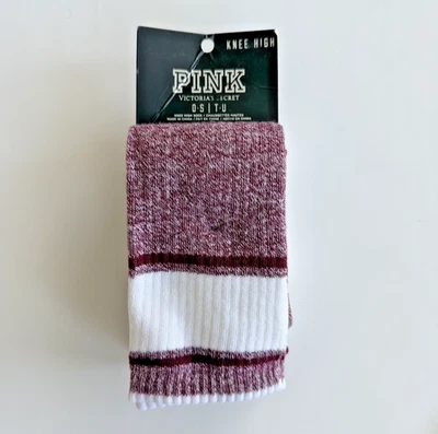 2 PARES CALCETINES VICTORIA'S SECRET ROSA LOGO CREW BLANCO BORGOÑA HASTA LA RODILLA NUEVOS Foto 1 de 4