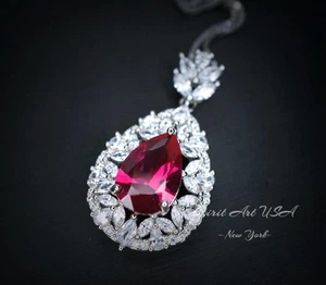 Large Teardrop Ruby Necklace - 3 CT Red Ruby Pendant - Gemstone Petal Flower - - Picture 1 of 9