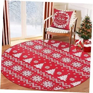 Christmas Round Rug 4Ft Bohemian Christmas Tree and 4 Feet-Round Red Boho - Picture 1 of 8