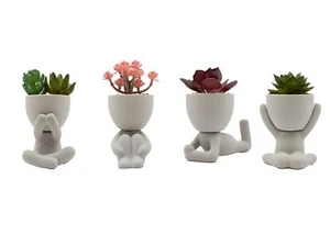 4 PCS Mini Ceramic Human Shaped Potted Artificial Succulent Plants Matte Gray... - Picture 1 of 8