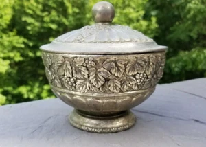 Vintage Baroque & Rocco  Metal Bowl & Lid Embossed Grapes & Vines, serving bowl - Picture 1 of 12