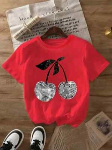 Abbigliamento Donna S T-Shirt Argento Ciliegia Stampa Grafica Manica Corta Girocollo - Foto 1 di 26