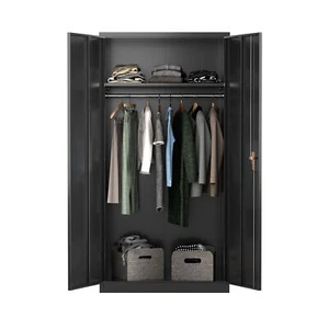 AOBABO Large Metal Storage Cabinet with Adjustable Shelf and Cloth Rail, Black - Picture 1 of 12