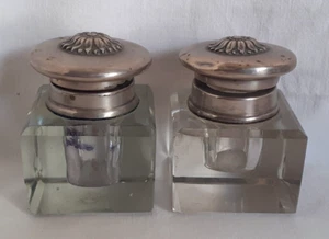Antique old collectible silver sterling portuguese crystal pair inkwell - Picture 1 of 16