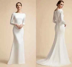 Simple mermaid wedding dress long sleeved Muslim satin lace applique bridal gown - Picture 1 of 8