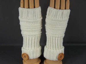 Cream fingerless gloves texting open thumb button knit arm warmer warmers - Picture 1 of 6