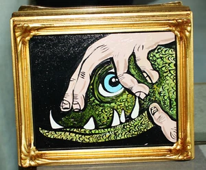 Expressionist Ölgemälde Mischtechnik Außenseiter Kunst Rahmen Monster Reptil Eidechse - Bild 1 von 4