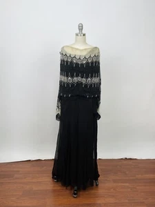 Antique Vintage art deco 1920s Black Silk Chiffon Beaded Gown Drop Waist AS IS - Picture 1 of 12