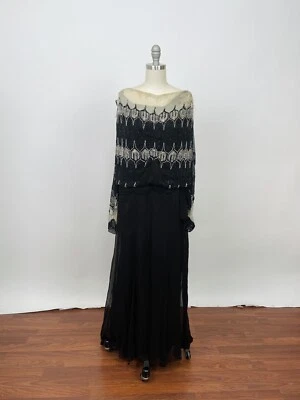 Antique Vintage art deco 1920s Black Silk Chiffon Beaded Gown Drop Waist AS IS - Image 1 of 4