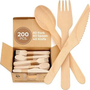 Disposable Wooden Cutlery Set - 200 Pcs (80 Forks | 80 Spoons | 40 Knives)