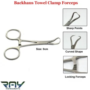 Pinzas de abrazadera de toalla quirúrgica hemostática Backhaus alicates de bloqueo curvos 9 cm nuevas - Imagen 1 de 3