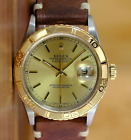 ROLEX DATEJUST 16263 UNISEX WATCH CHAMPAGNE INDEX DIAL TURN-O-GRAPH LEATHER 36MM