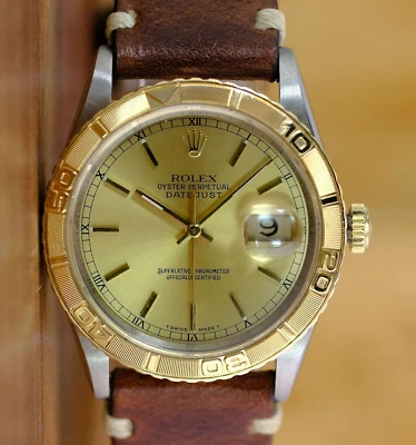 ROLEX DATEJUST 16263 UNISEX WATCH CHAMPAGNE INDEX DIAL TURN-O-GRAPH LEATHER 36MM - Image 1 of 4