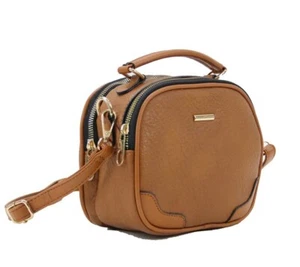 Brown Ladies Vegan Leather Double Zipper Crossbody Bag - Picture 1 of 3