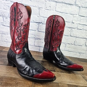 Stunning Men's Size 10 D Red and Black Handmade Cowboy Boots Side Zip - Picture 1 of 13