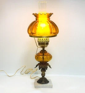 Large 55cm Vintage Amber Glass & Brass Electric Lamp on Marble Base, Cord Switch - Picture 1 of 19