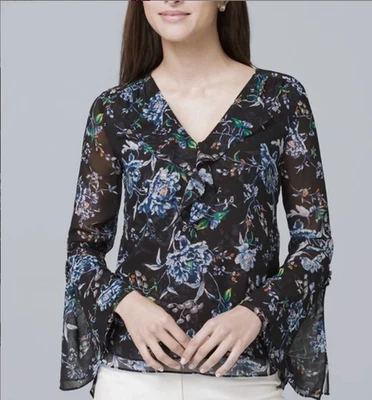 NUEVA Blusa Blanca Mercado Negro Estampado Floral Negra, Talla 4 Foto 1 de 4