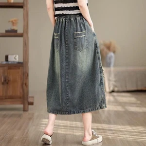 Gonna donna ricamata denim mezzo abito coulisse linea ad A jeans gonna - Foto 1 di 13