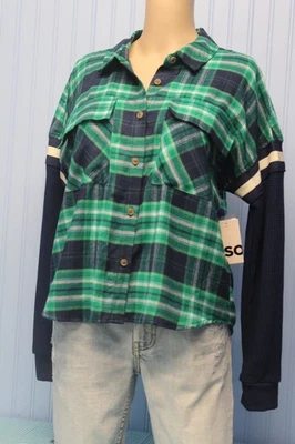 Camisa recortada de franela a cuadros verde Sonoma con mangas de punto gofre azul marino S Nueva con etiquetas Foto 1 de 3