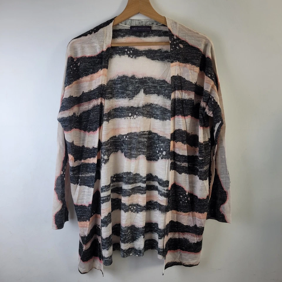 M&S Women Size S Black Ivory Pink Stripe Long Line Open Cardigan Casual Smart - Image 1 of 4