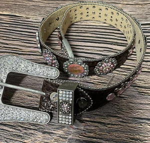 Western Pink Rhinestone Crystal Block Bling Brown Leather Belt Womens L - Picture 1 of 4