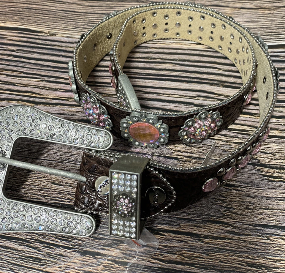 Cinturón de cuero marrón brillante bloque cristal estrás rosa occidental para mujer M Foto 1 de 4