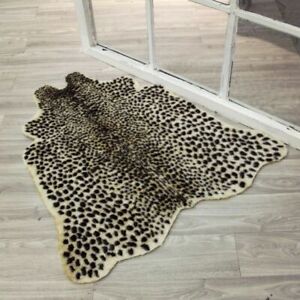 Animal Print Area Rug Carpet Leopard Faux Fur Hide Cow Soft Non Slip Bedroom Mat