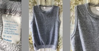 VTG 80s TRIBLEND ACRYLIC COTTON POLY USA SLEEVELSS SWEATSHIRT HEATHER GRAY M EUC - Image 1 of 4