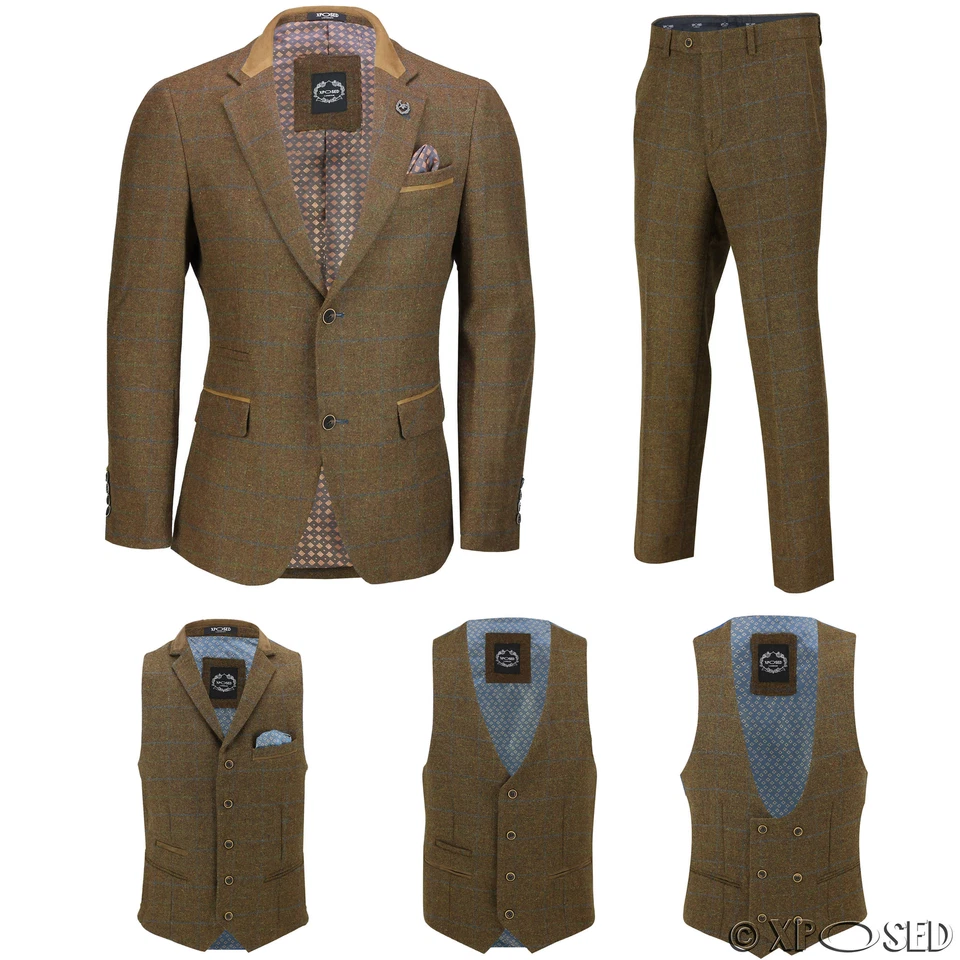 Men Tweed Check 3 Piece Suit Blazer Trouser Waistcoat Sold as Tailored Separates