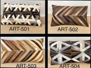Funda de Almohada Lumbar Piel de Vaca Real Diseñador Patchwork Blanco y Marrón Natural - Imagen 1 de 21