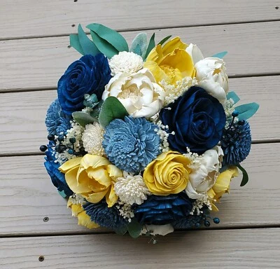 Dusty Blue Yellow Gold Navy Sola Wood Bridal Bouquet Bridesmaid Wedding Flowers - Image 1 of 2