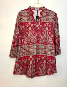Chama Women's Red, Black & Ivory 3/4 Length Sleeve Tunic Top / SZ L NWT - Picture 1 of 8