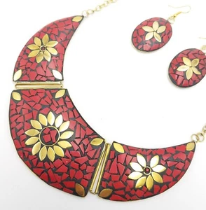 Juego de Collar de Latón Joyería Tibetano Latón Sólido Cuello de Pechera Piedra de Coral - Imagen 1 de 4