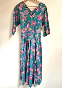 Laura Ashley Midi Tea Dress Size 12 Floral 80s Turquoise Pink V Neck Full Skirt - Picture 1 of 7