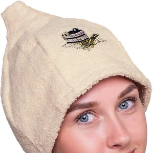 Saunamütze 100% Baumwolle mit Stickerei Saunahut Saunakappe Baumwollhut Beige - Picture 1 of 2