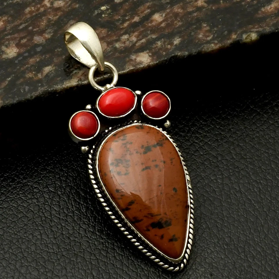 Joyería colgante étnico de piedras preciosas de coral obsidiana de caoba para mujer 2,2" AP-45673 Foto 1 de 1