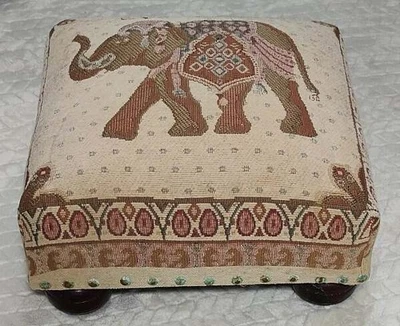 Vintage Tapestry Elephant Cushioned Foot Stool With Wooden Round Feet - Image 1 of 4