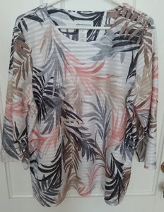 Top ALFRED DUNNER 3/4 Sl bianco con stampa felce a righe orizzontali marrone misto poli L - Foto 1 di 6