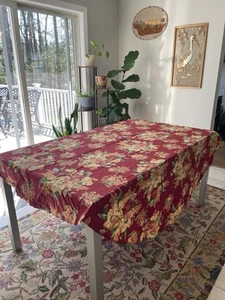 April Cornell 80" Round Tablecloth Cotton Cottage Rose Red Maroon New Stunning - Picture 1 of 6