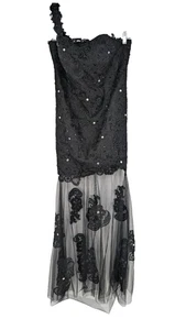 HEBEOS VTG Formal Gown Small Black Lace Bodice Sheer Bottom Tags Attached - Picture 1 of 11