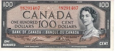 Bank of Canada 1954 $100 Hundred Dollars Lawson-Bouey B/J Prefix EF+ - Image 1 of 2