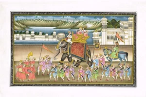 Hand Made Painting Of Mughal Emperor Procession On Elephant 14x9 Inches - Picture 1 of 5