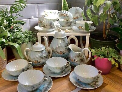 Japanese Fine Egg Shell Porcelain Tea Set Cups Hand Painted Duck Egg Blue Birds • 42.92£