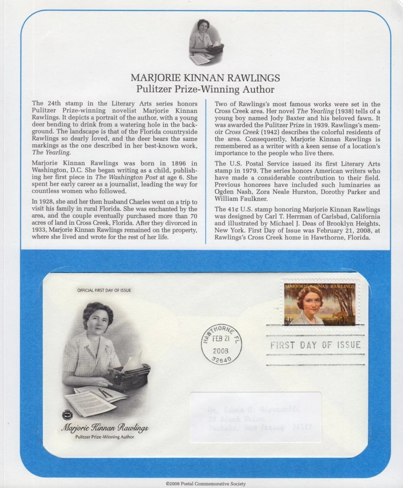 2008 Marjorie Kinnan Rawlings Sc 4223 PCS page Literary Arts author The Yearling - Image 1 of 1